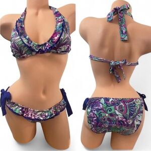 BECCA Vintage Retro Paisley Print Halter Bikini Top AND Hip Tie Bottoms